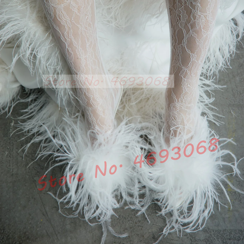 Women Formal Wear For Wedding - White Ostrich Feather Heeled Slippers Women