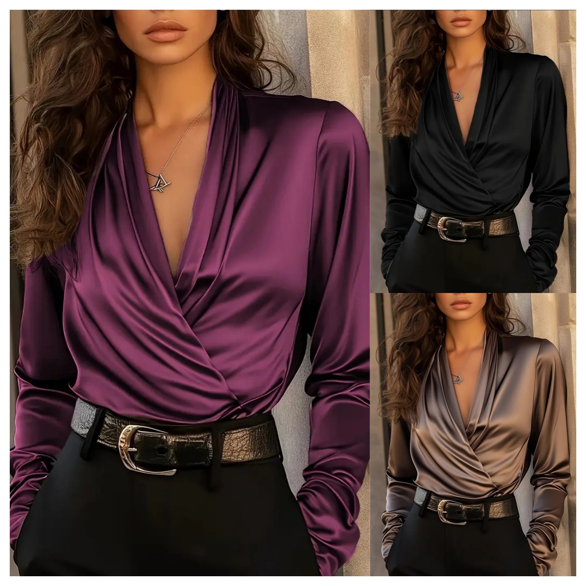 Women's Satin Wrap V Neck Long - Women Formal Wear Tops 评论和价格