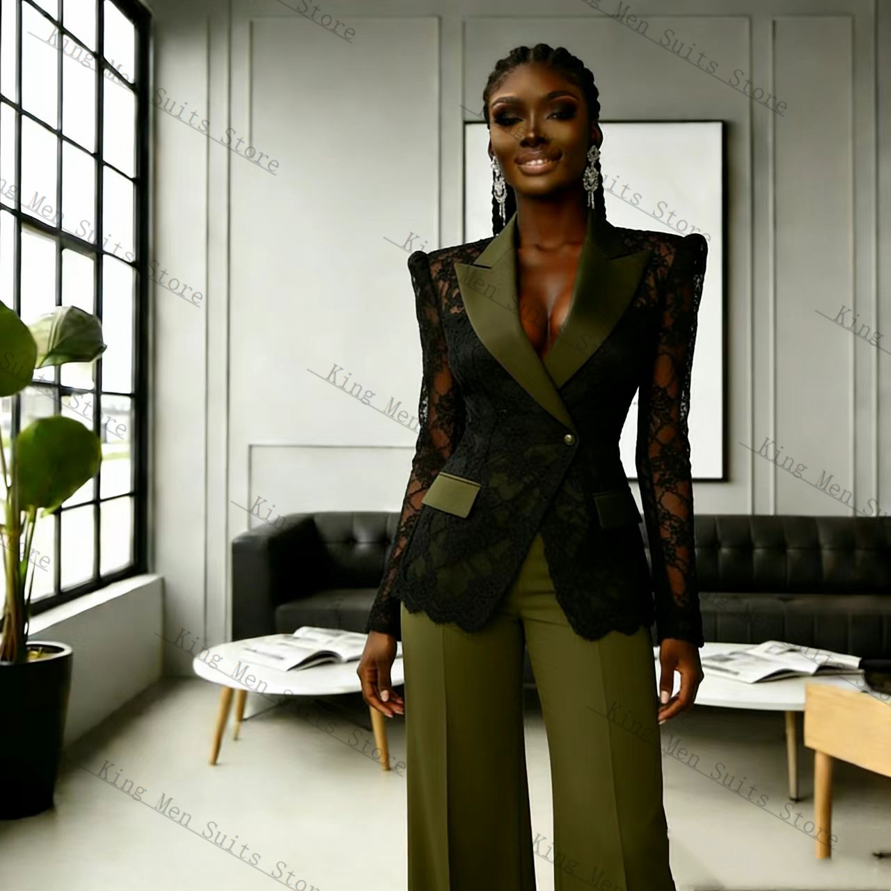 Green Black Lace Women Suit Se - Women Formal Wear With Black Blazer 评论和价格