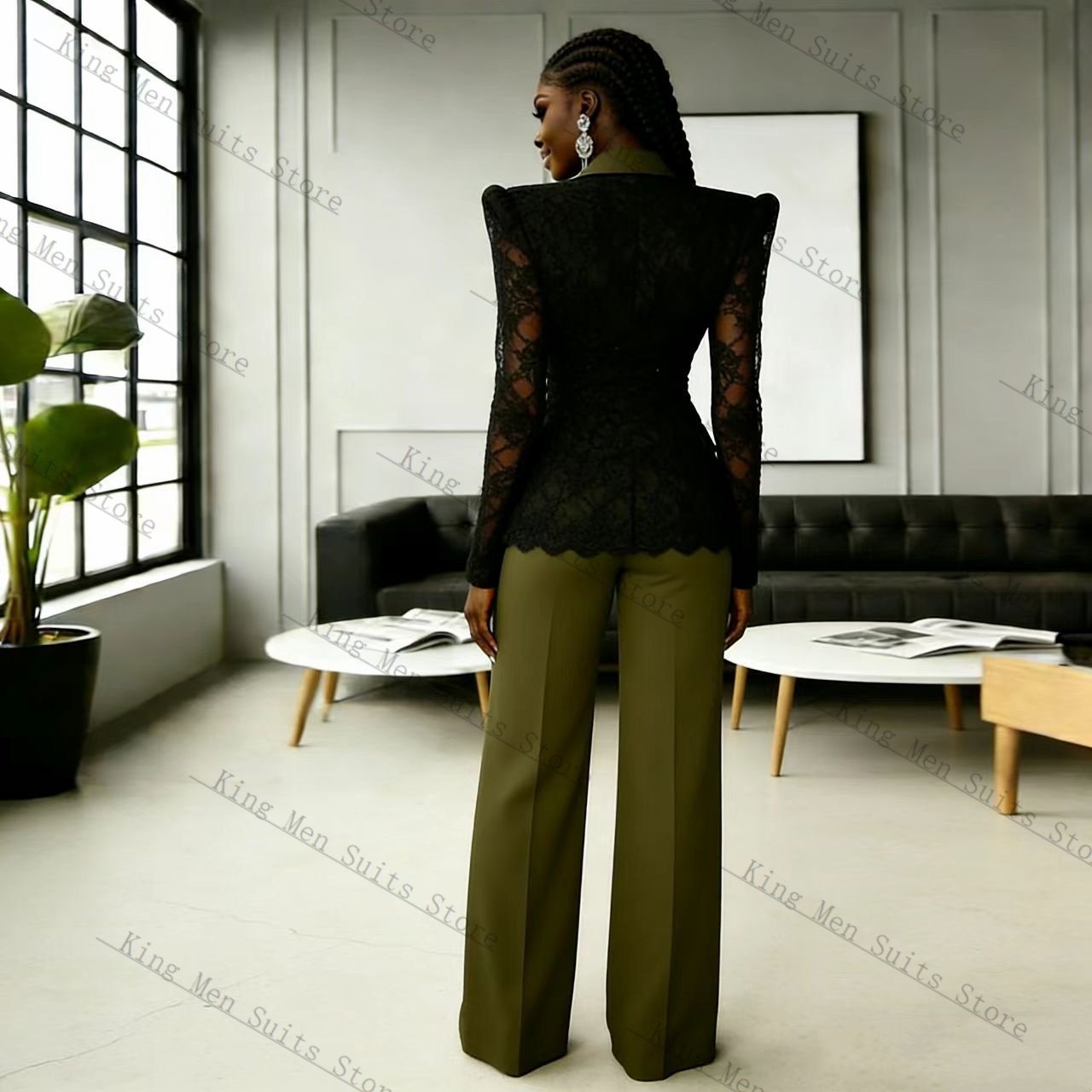 Green Black Lace Women Suit Se - Women Formal Wear With Black Blazer 评论和价格