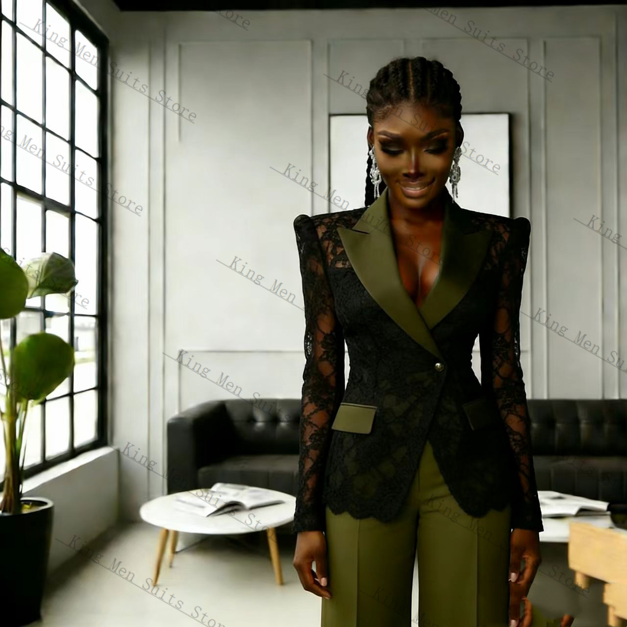 Green Black Lace Women Suit Se - Women Formal Wear With Black Blazer 评论和价格