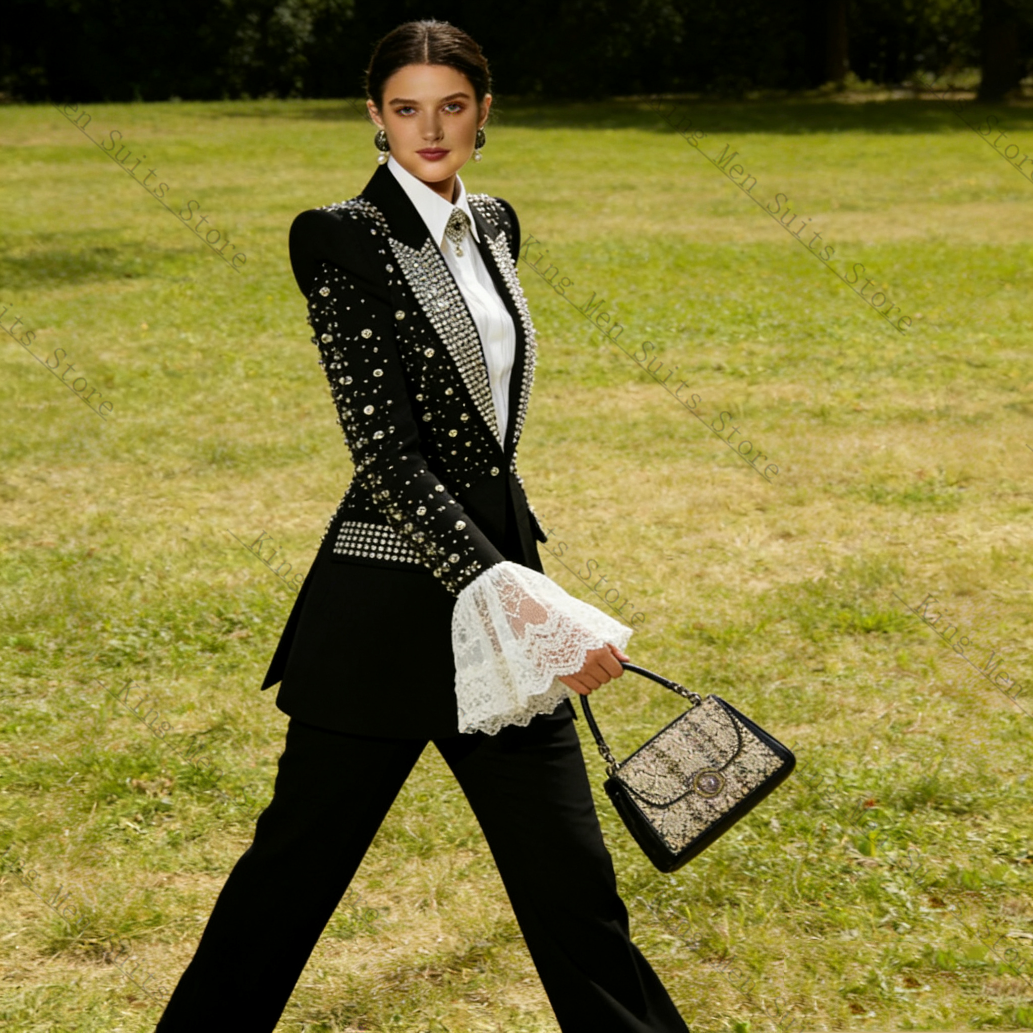 Crystals Black Women Suit Set  - Women Formal Wear With Black Blazer 评论和价格