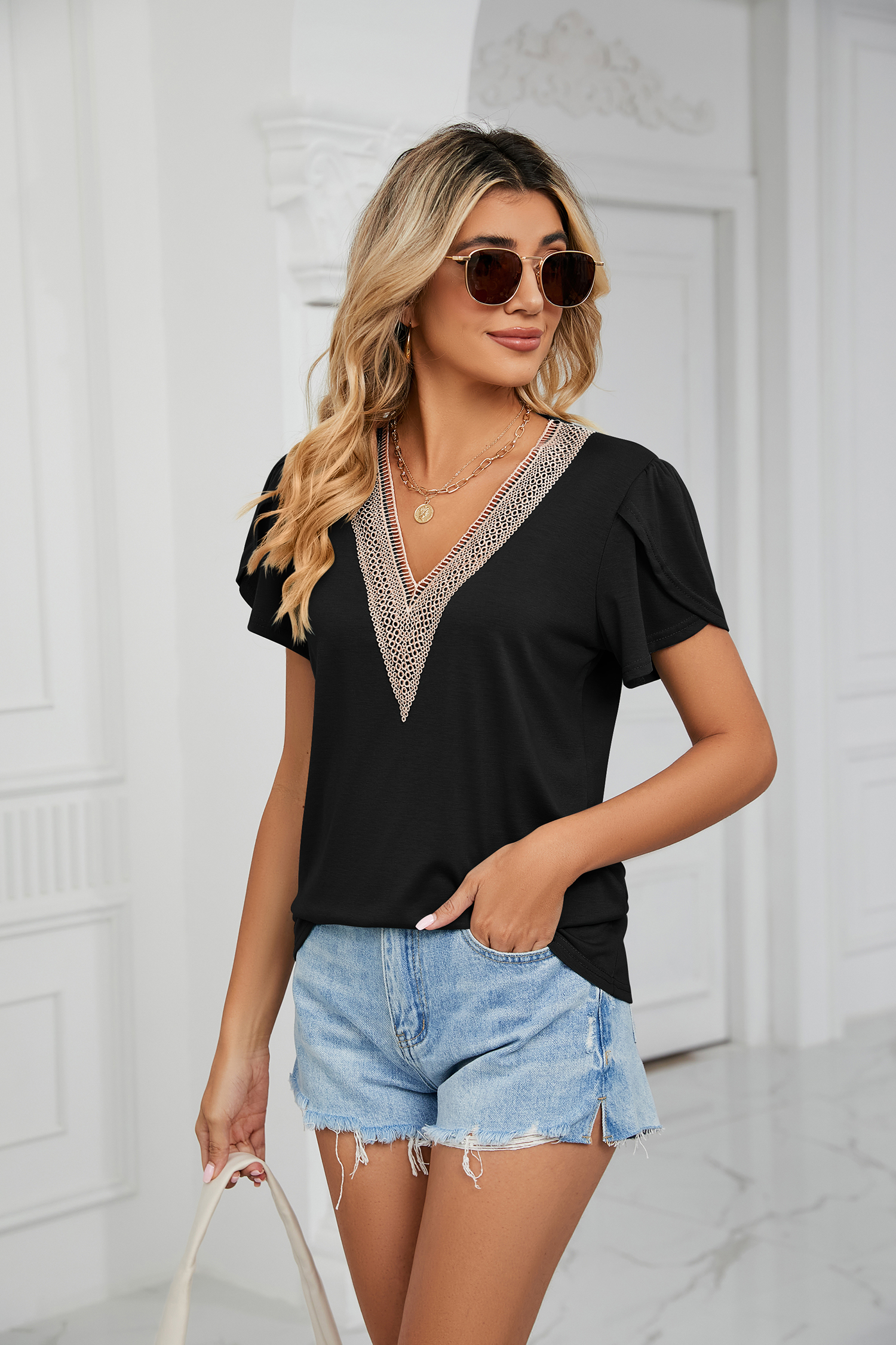Women's V Neck Lace Trim T Shi - Women Formal Blouses For Evening Wear 评论和价格