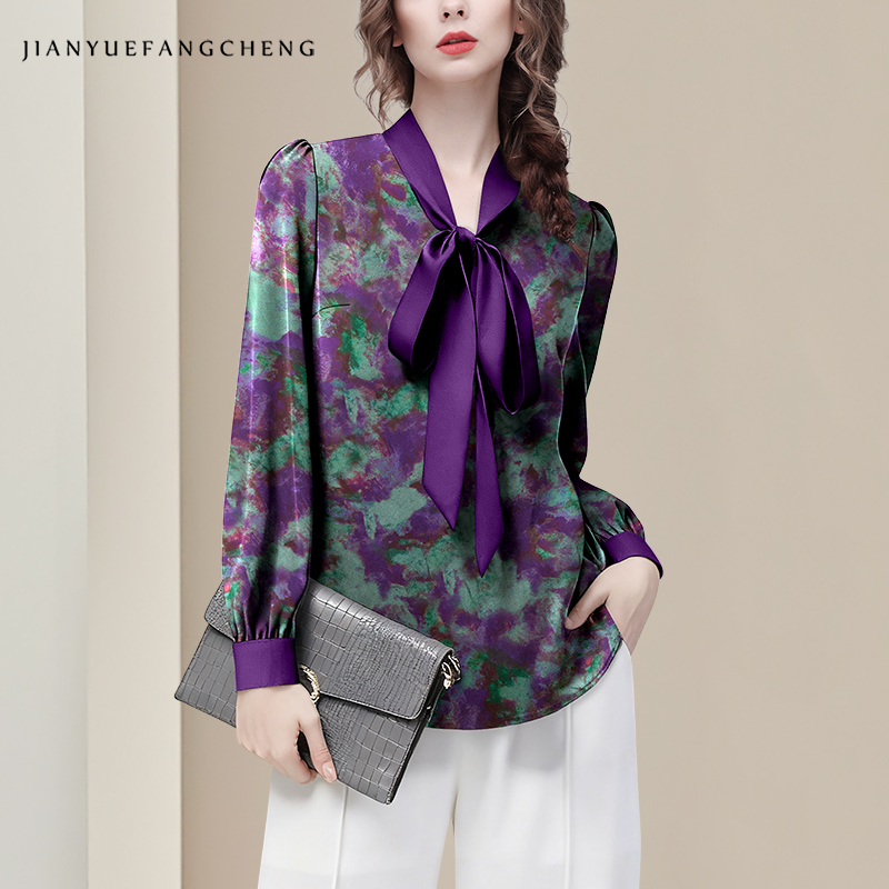 Purple Floral Elegant Satin Bl - Women Formal Blouses For Evening Wear 评论和价格