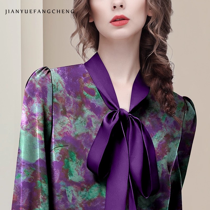 Purple Floral Elegant Satin Bl - Women Formal Blouses For Evening Wear 评论和价格