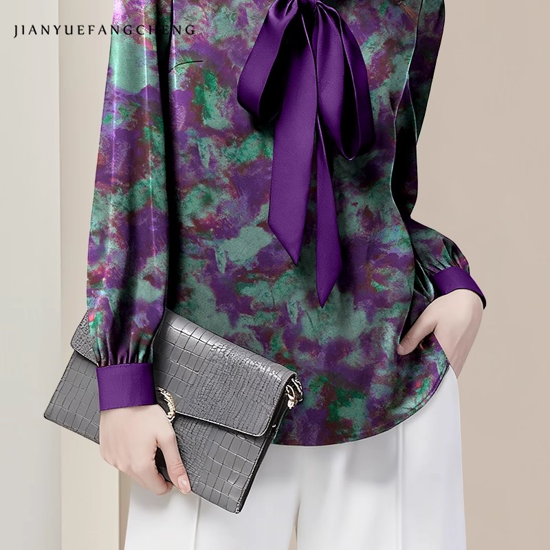 Purple Floral Elegant Satin Bl - Women Formal Blouses For Evening Wear 评论和价格